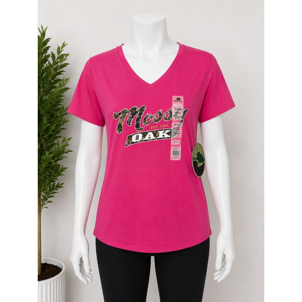 Mossy Oak Women's XL Pink V-Neck T-Shirt Camo Logo Graphic Tee NWT